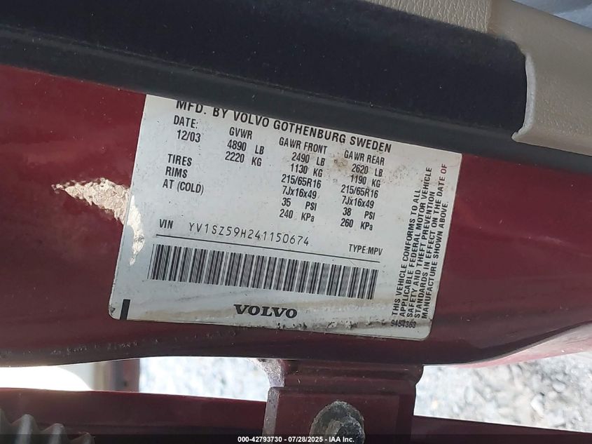 2004 Volvo Xc70 2.5T VIN: YV1SZ59H241150674 Lot: 42793730