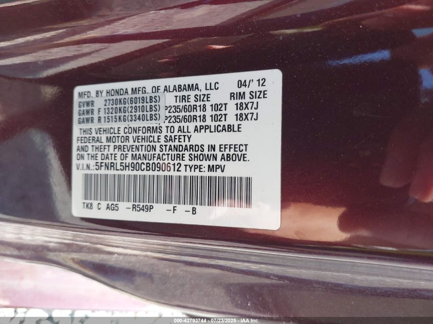 2012 Honda Odyssey Touring/Touring Elite VIN: 5FNRL5H90CB090612 Lot: 42793744