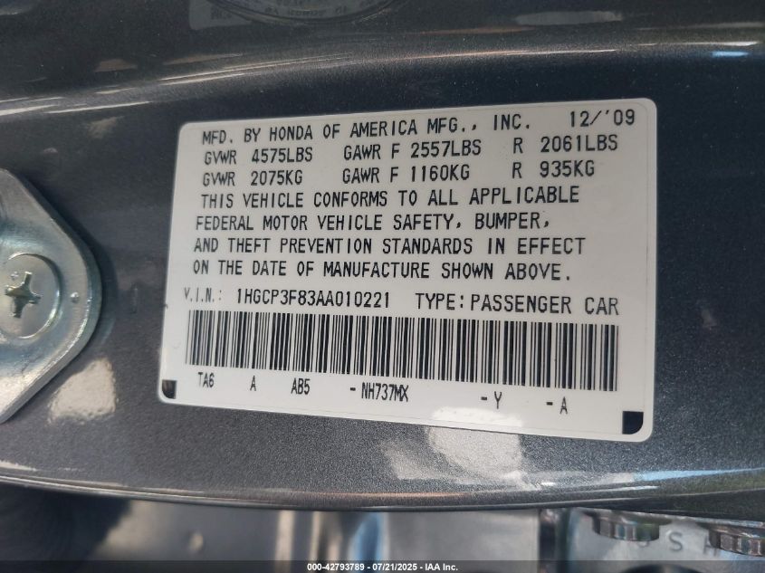 2010 Honda Accord 3.5 Ex-L VIN: 1HGCP3F83AA010221 Lot: 42793789