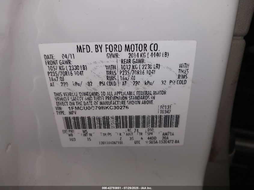 2011 Ford Escape Xls VIN: 1FMCU0C79BKC30276 Lot: 42793851