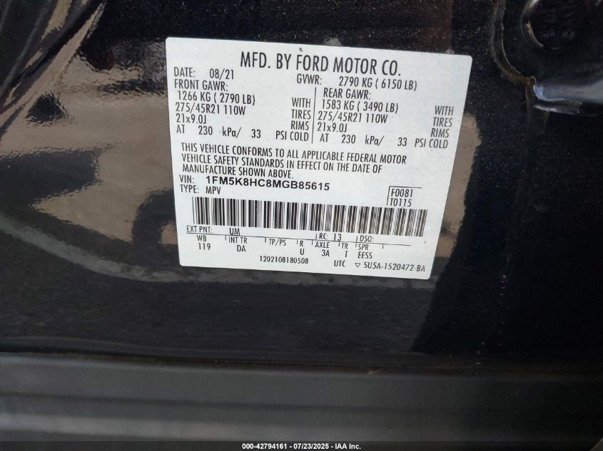 2021 Ford Explorer Platinum VIN: 1FM5K8HC8MGB85615 Lot: 42794161