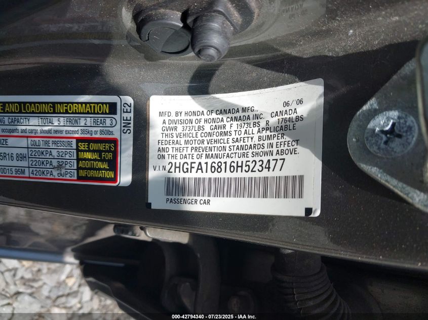 2006 Honda Civic Ex VIN: 2HGFA16816H523477 Lot: 42794340