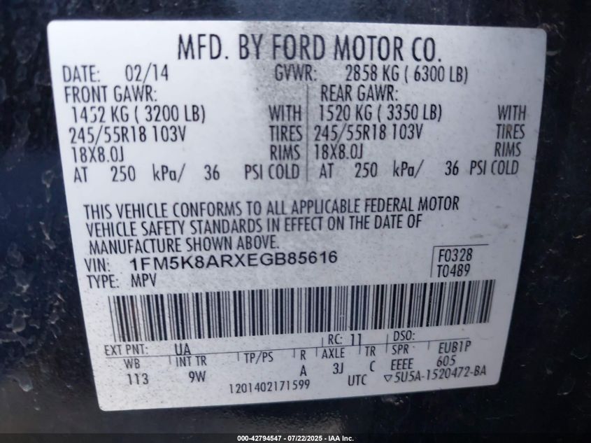 2014 Ford Police Interceptor VIN: 1FM5K8ARXEGB85616 Lot: 42794547