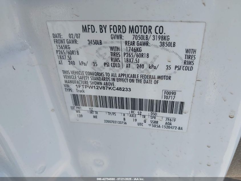 2007 Ford F-150 Lariat/Xlt VIN: 1FTPW12V87KC48233 Lot: 42794588