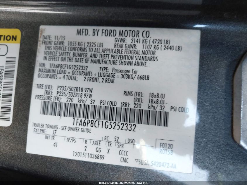 2016 Ford Mustang Gt Premium VIN: 1FA6P8CF1G5252332 Lot: 42794596