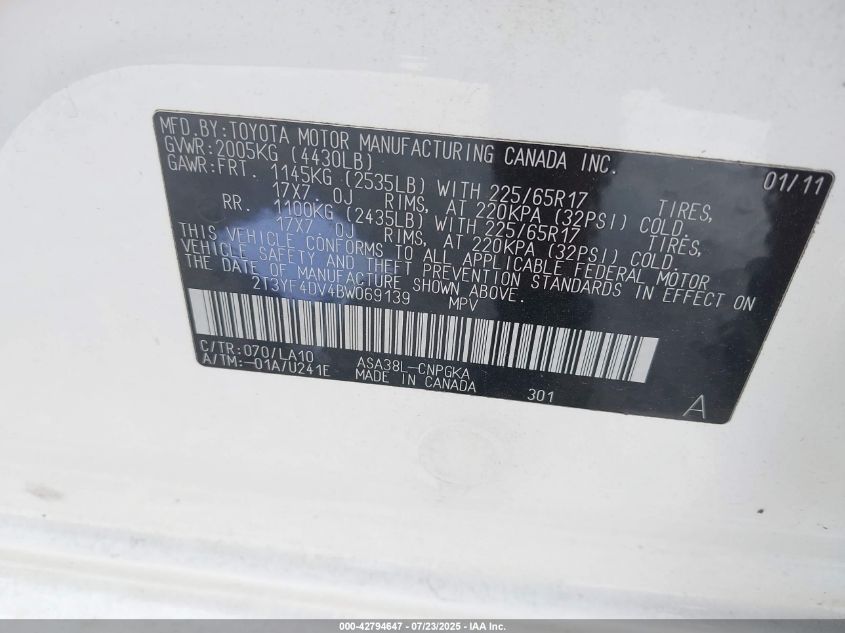 2011 Toyota Rav4 Limited VIN: 2T3YF4DV4BW069139 Lot: 42794647