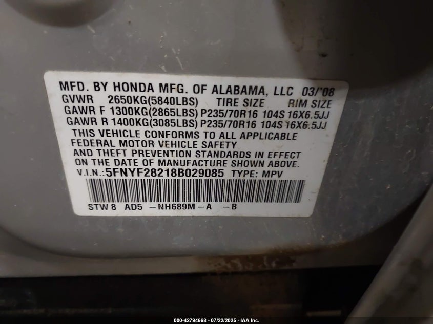 2008 Honda Pilot Vp VIN: 5FNYF28218B029085 Lot: 42794668