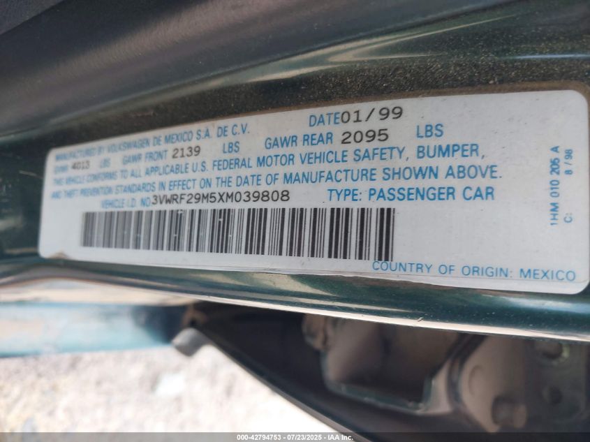 1999 Volkswagen Jetta Gl Tdi VIN: 3VWRF29M1XM039823 Lot: 42794753