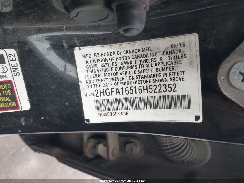 2006 Honda Civic Lx VIN: 2HGFA16516H522352 Lot: 42794817