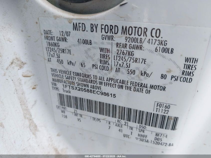 2008 Ford F-250 Lariat/Xl/Xlt VIN: 1FTSX20588EC98615 Lot: 42794855