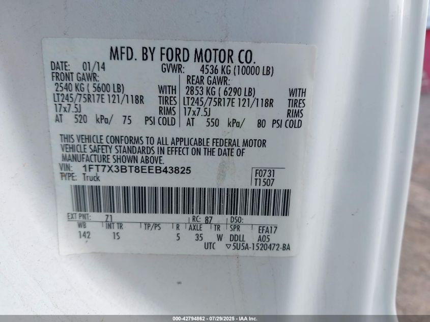 2014 Ford F-350 Xl VIN: 1FT7X3BT8EEB43825 Lot: 42794862