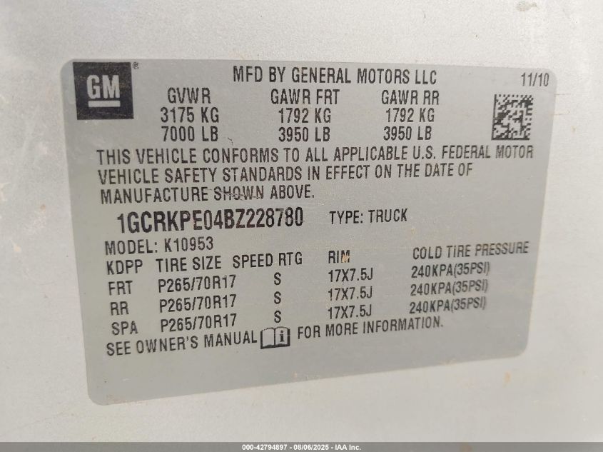 2011 Chevrolet Silverado 1500 Work Truck VIN: 1GCRKPE04BZ228780 Lot: 42794897