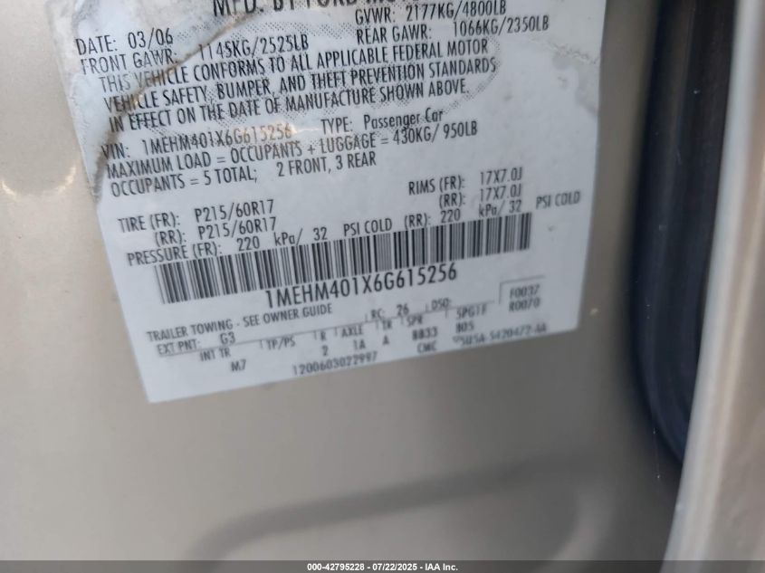 2006 Mercury Montego Luxury VIN: 1MEHM401X6G615256 Lot: 42795228