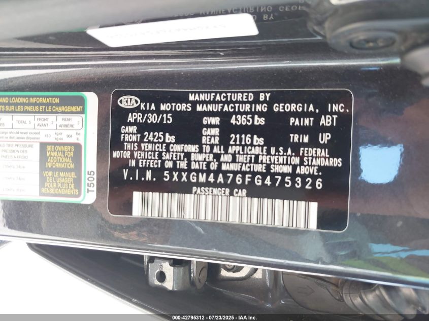 2015 Kia Optima Lx VIN: 5XXGM4A76FG475326 Lot: 42795312