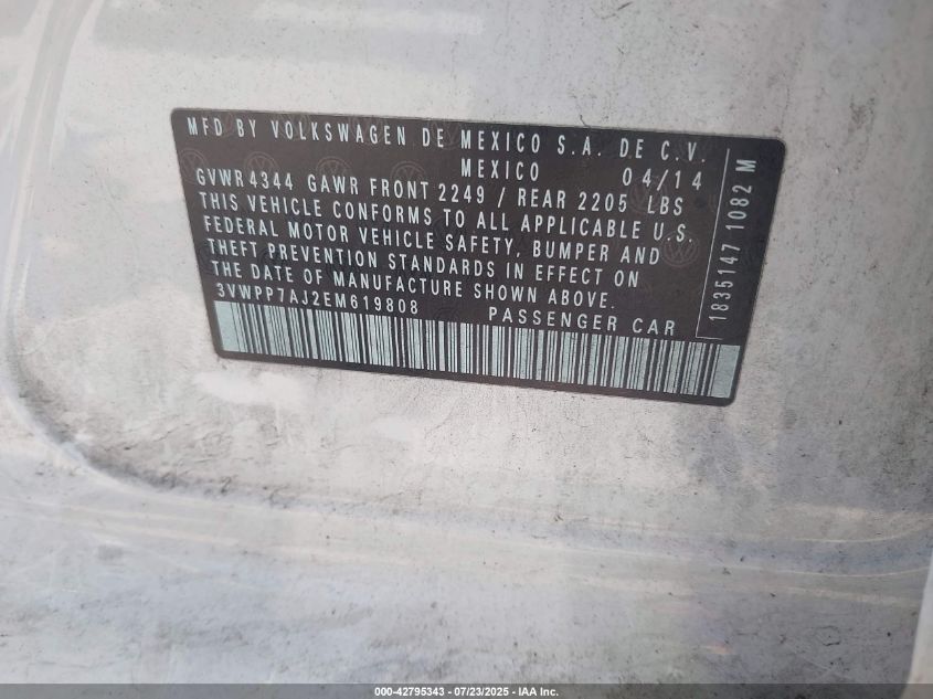 2014 Volkswagen Jetta Sportwagen 2.5L S VIN: 3VWPP7AJ2EM619808 Lot: 42795343