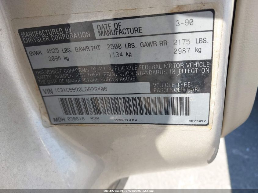 1990 Chrysler New Yorker C-Body Landau VIN: 1C3XC66R0LD832406 Lot: 42795359