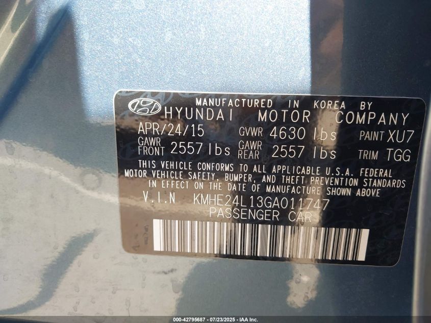 2016 Hyundai Sonata Hybrid Se VIN: KMHE24L13GA011747 Lot: 42795687