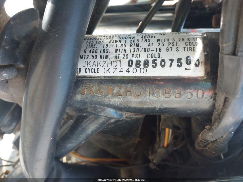 1981 Kawasaki Kz440 D VIN: JKAKZHD10BB507580 Lot: 42795701