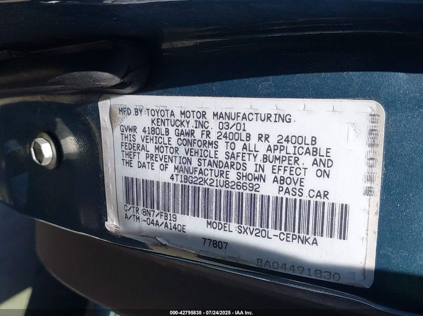 2001 Toyota Camry Le VIN: 4T1BG22K21U826692 Lot: 42795838