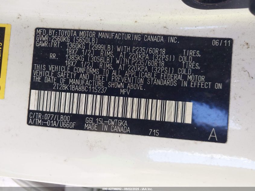 2011 Lexus Rx 350 VIN: 2T2BK1BA8BC115237 Lot: 42796092