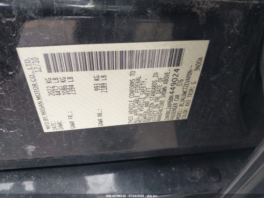 2011 Nissan Altima 3.5 Sr VIN: 1N4BL2AP6BN449024 Lot: 42796338