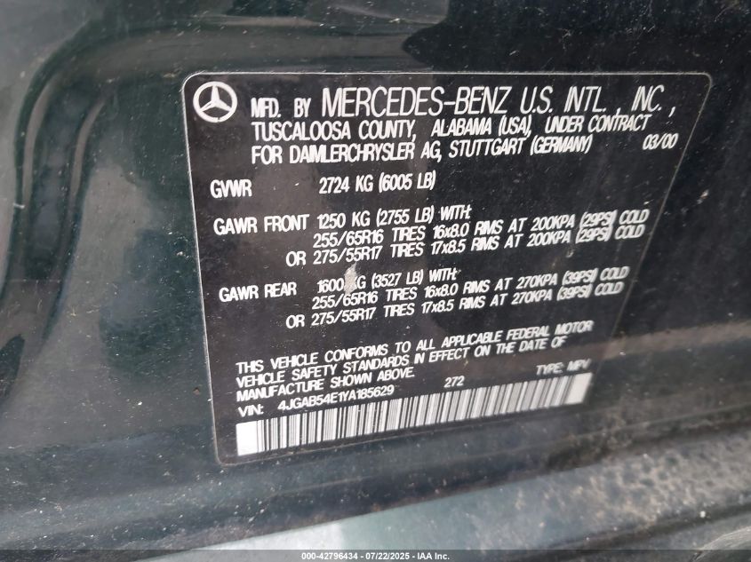 2000 Mercedes-Benz Ml 320 VIN: 4JGAB54E1YA185629 Lot: 42796434