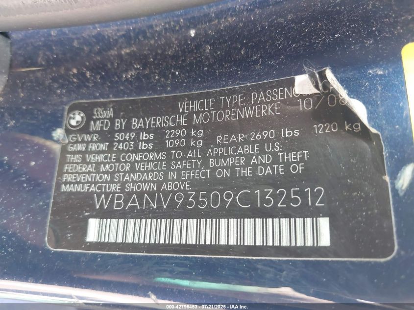 2009 BMW 535I xDrive VIN: WBANV93509C132512 Lot: 42796453