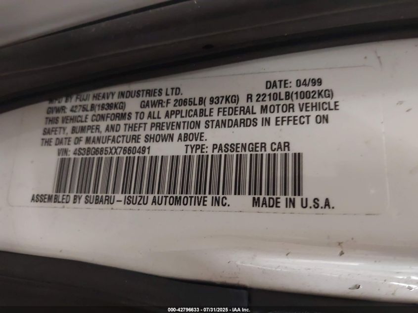 1999 Subaru Legacy 30Th Ann. Outback Ltd./Outback VIN: 4S3BG685XX7660491 Lot: 42796633