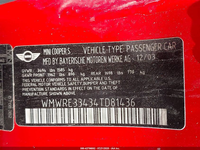2004 Mini Cooper S VIN: WMWRE33434TD81436 Lot: 42796882