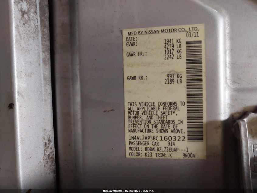 2011 Nissan Altima 2.5 S VIN: 1N4AL2AP5BC160322 Lot: 42796895