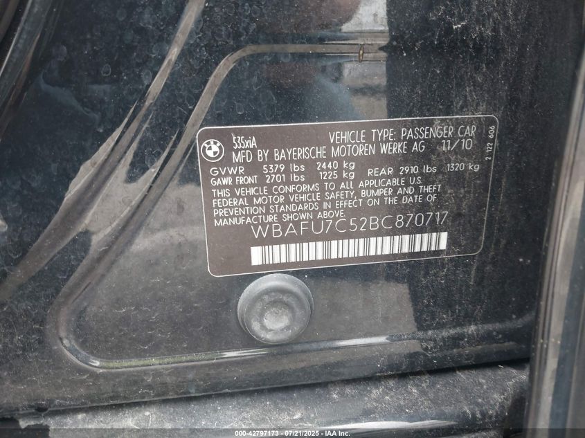 2011 BMW 535I xDrive VIN: WBAFU7C52BC870717 Lot: 42797173