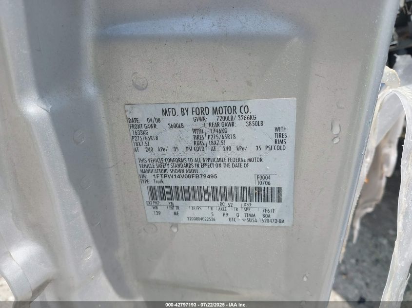 2008 Ford F-150 60Th Anniversary/Fx4/King Ranch/Lariat/Xlt VIN: 1FTPW14V08FB79495 Lot: 42797193