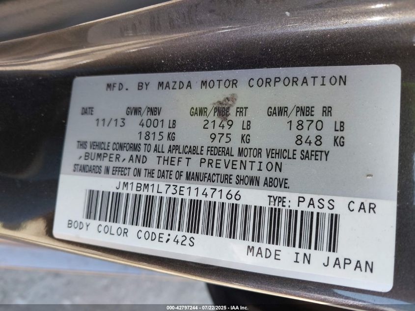 2014 Mazda Mazda3 I Touring VIN: JM1BM1L73E1147166 Lot: 42797244