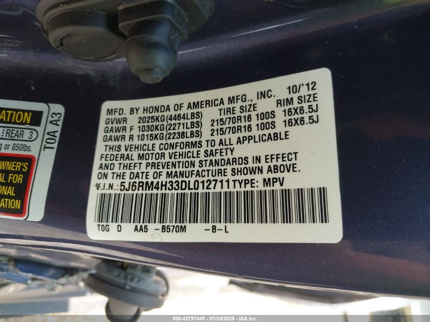 2013 Honda Cr-V Lx VIN: 5J6RM4H33DL012711 Lot: 42797449