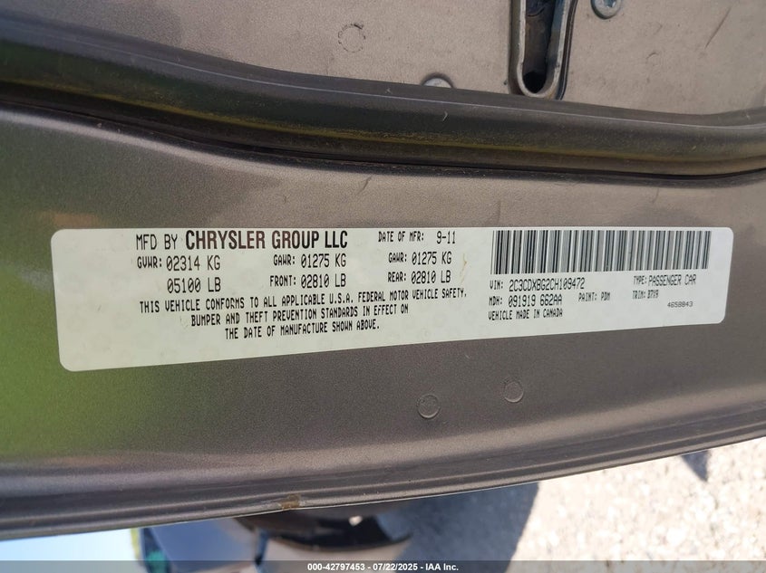 2012 Dodge Charger Se VIN: 2C3CDXBG2CH109472 Lot: 42797453