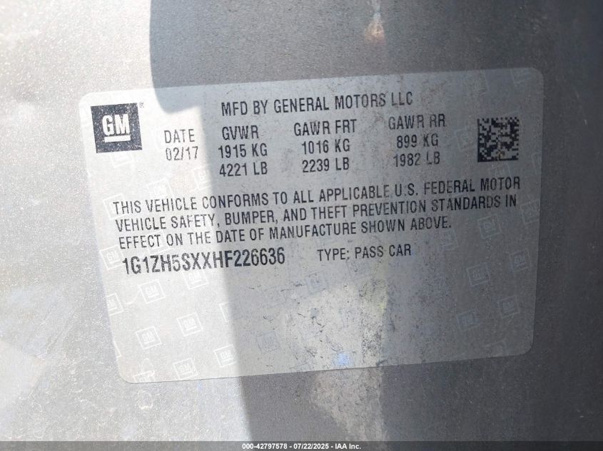 2017 Chevrolet Malibu Premier VIN: 1G1ZH5SXXHF226636 Lot: 42797578