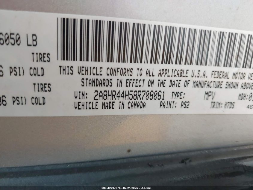 2008 Chrysler Town & Country Lx VIN: 2A8HR44H58R708061 Lot: 42797676