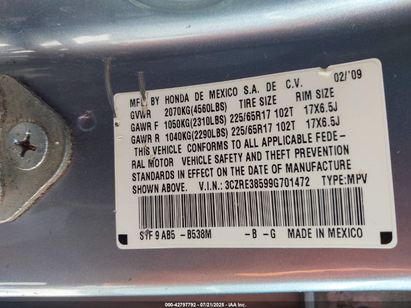 2009 Honda Cr-V Ex VIN: 3CZRE38599G701472 Lot: 42797792