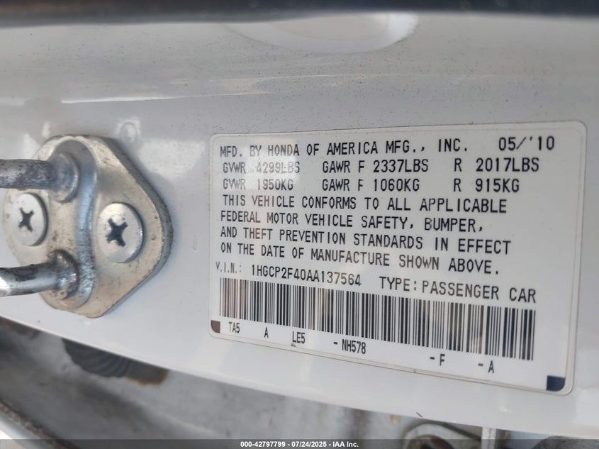 2010 Honda Accord 2.4 Lx-P VIN: 1HGCP2F40AA137564 Lot: 42797799