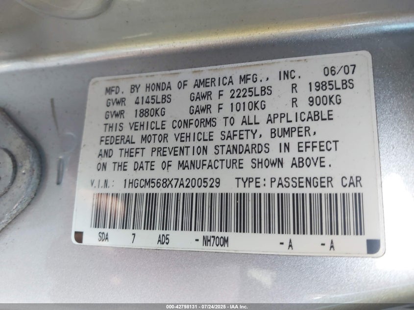 2007 Honda Accord 2.4 Ex VIN: 1HGCM568X7A200529 Lot: 42798131