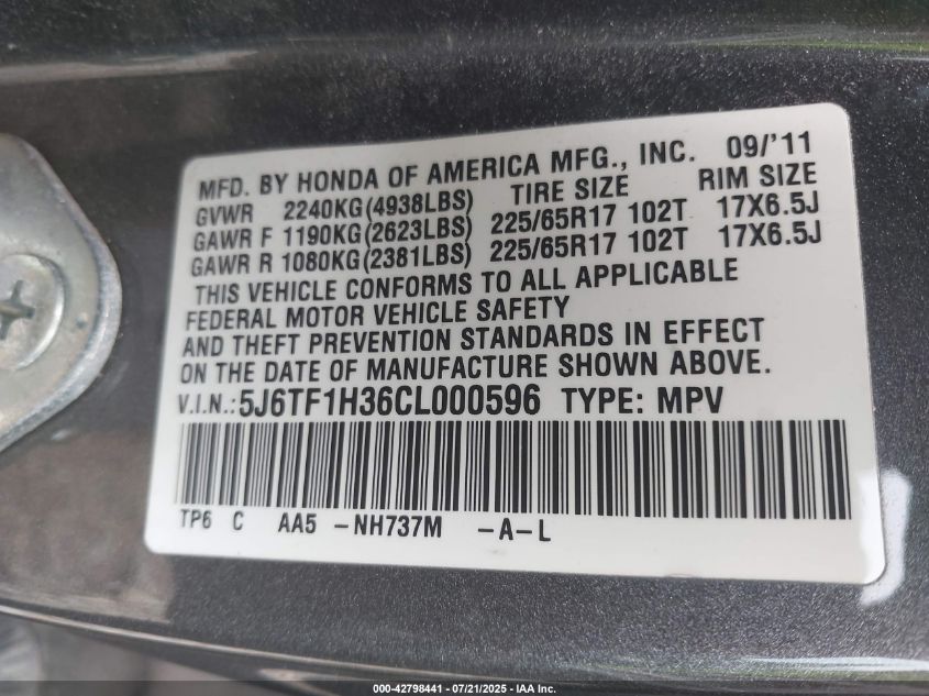 2012 Honda Crosstour Ex VIN: 5J6TF1H36CL000596 Lot: 43390923