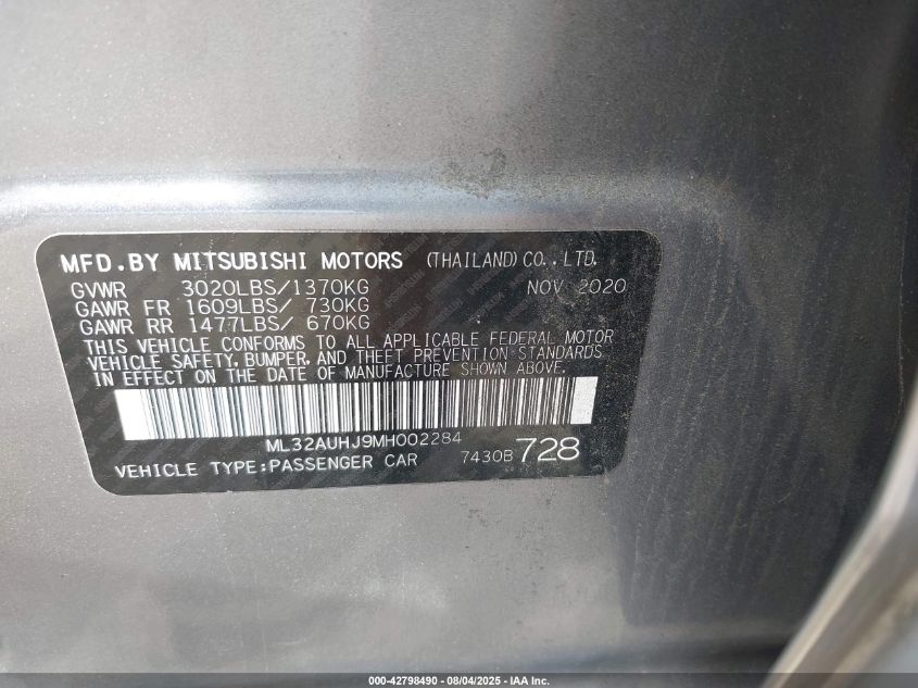 2021 Mitsubishi Mirage Carbonite Edition/Es/Le VIN: ML32AUHJ9MH002284 Lot: 42798490