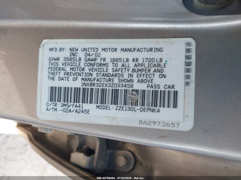 2003 Toyota Corolla Le VIN: 1NXBR32EX3Z033458 Lot: 42798494