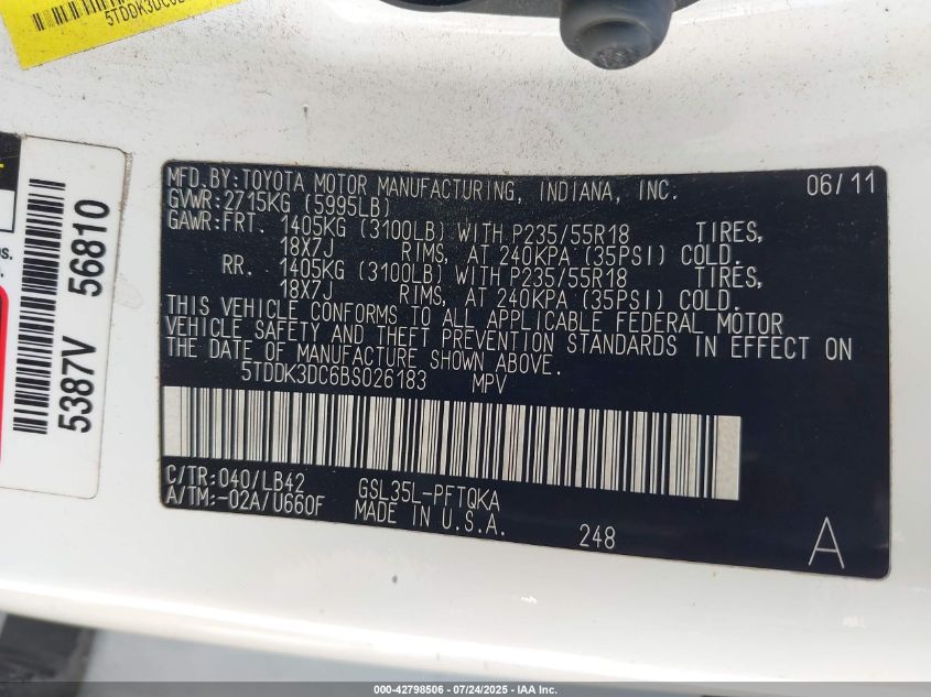 2011 Toyota Sienna Xle VIN: 5TDDK3DC6BS026183 Lot: 42798506