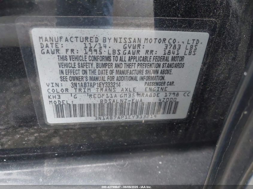 2014 Nissan Sentra Fe+ Sv VIN: 3N1AB7AP1EY333214 Lot: 42798647