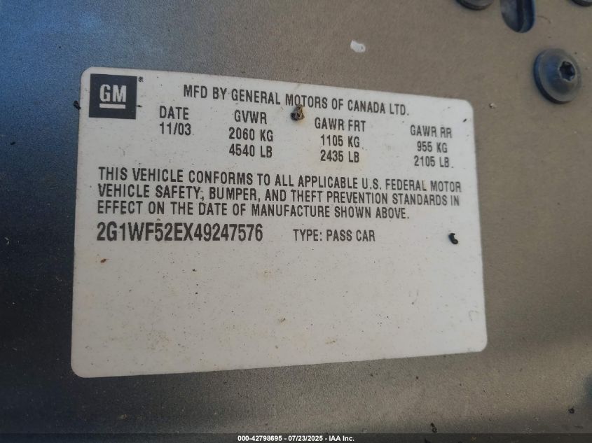 2004 Chevrolet Impala VIN: 2G1WF52EX49247576 Lot: 42798695