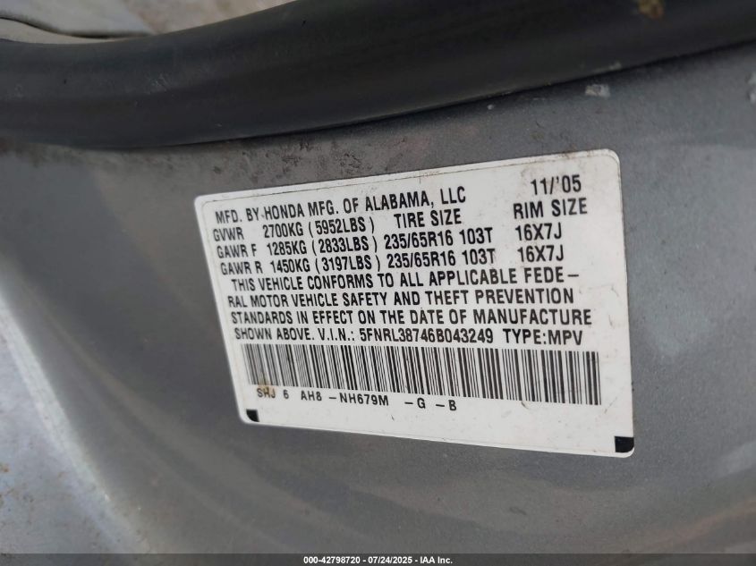 2006 Honda Odyssey VIN: 5FNRL387868043249 Lot: 42798720