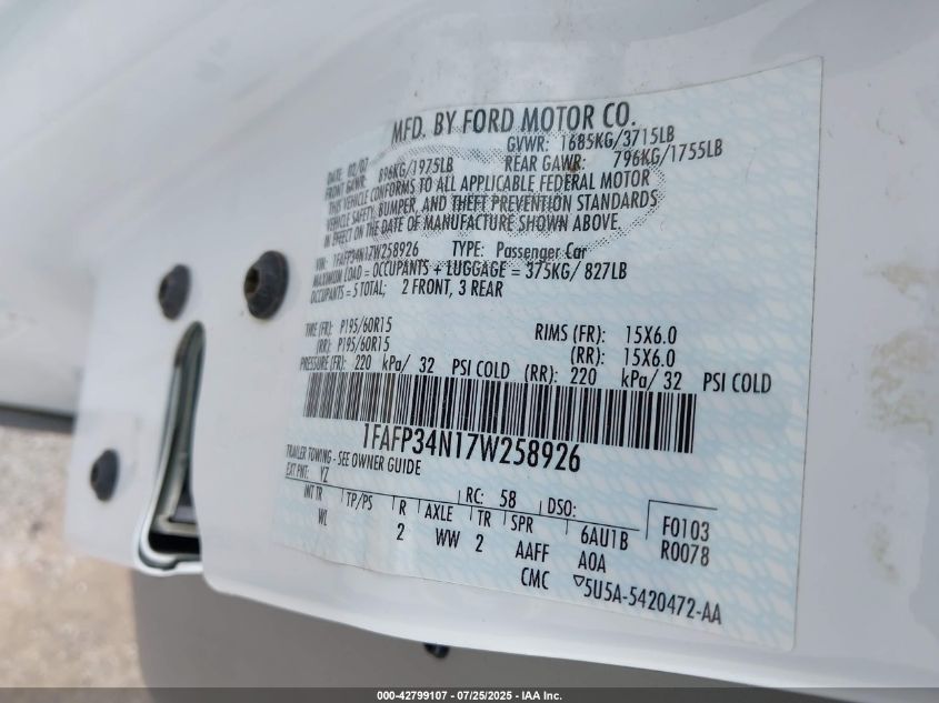 2007 Ford Focus S/Se/Ses VIN: 1FAFP34N17W258926 Lot: 42799107