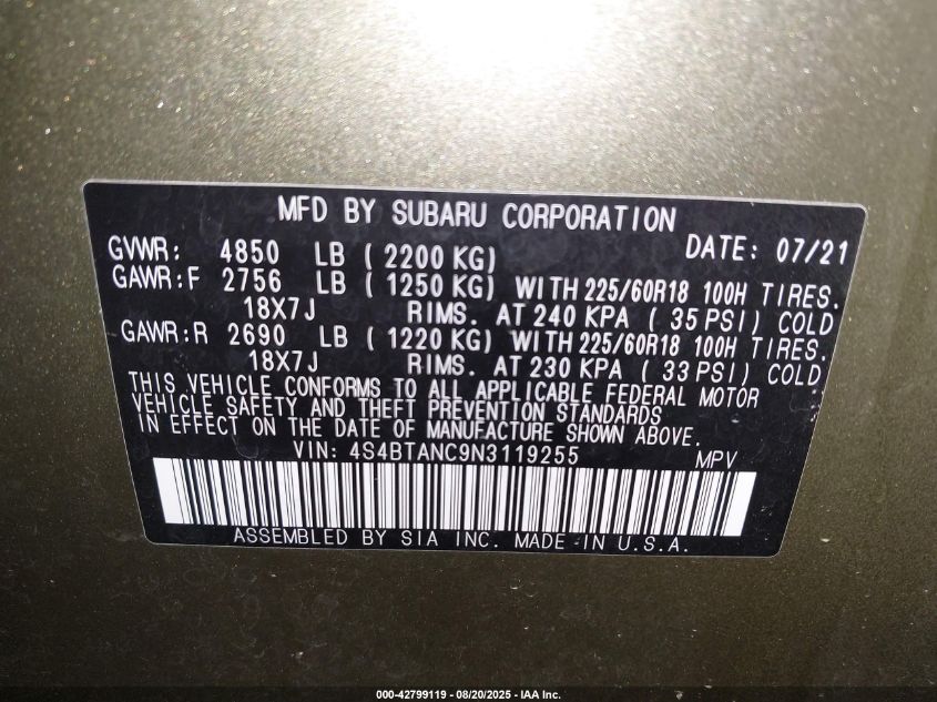 2022 Subaru Outback Limited VIN: 4S4BTANC9N3119255 Lot: 42799119