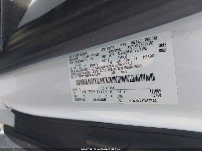 2019 Ford Transit-250 VIN: 1FTYR1YM8KKA64896 Lot: 42799202